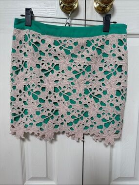 Lace Overlay Pencil Skirt in Green and off white size medium English rose